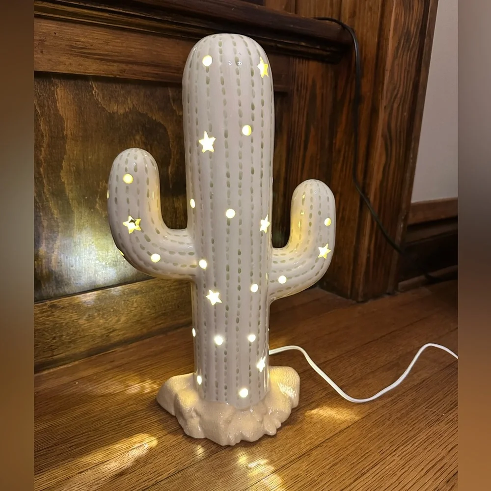 15” Light-Up Corded Ceramic Cactus Lamp in Cream/Sage Green - Picture 1 of 15